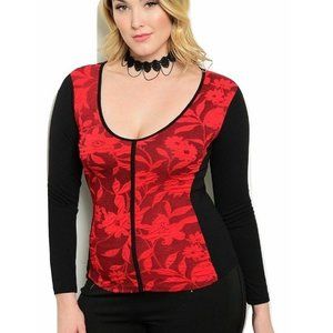 Point Ladies Sweater Knit Top Floral Scoop Neck Red Size 2XL NWOT